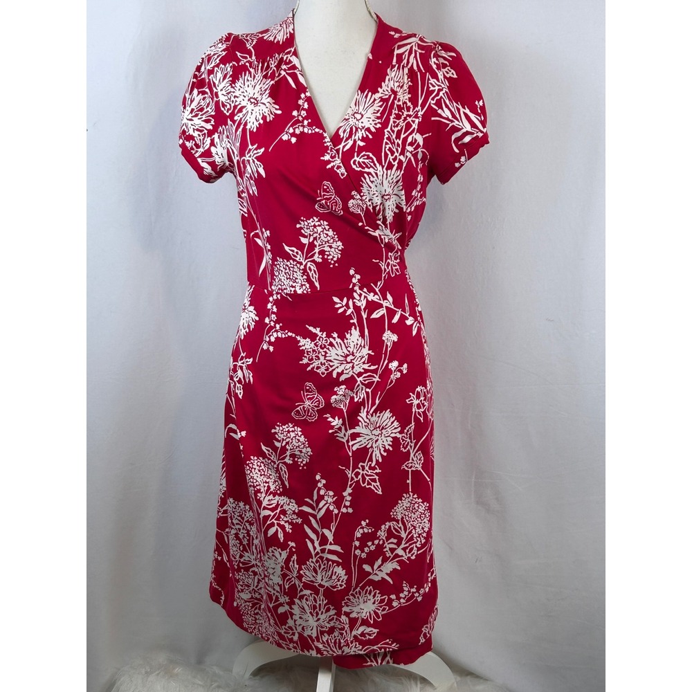 Lands' End Wrap Dress Womens 10-12 Red Excellent Floral Butterfly Jersey Knit